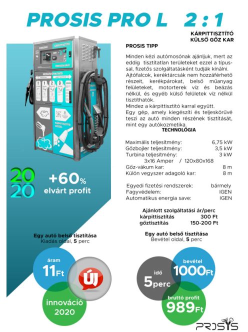 Prosis Pro L 2:1 Ipari Önkiszolgáló Gőztisztító és Kárpittisztító Berendezés felújított, újszerű állapotban